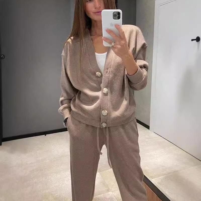 2025 Damen Einfarbiges Lässiges Zweiteiliges Set: Knopfjacke & Kordelzug-Hose