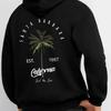 Cali‑breeze Men Hoodie Back Retro Palm‑tree Vintage Year‑mark Beach‑text Decor Pullover For Cozy Weekend Outdoor Activities
