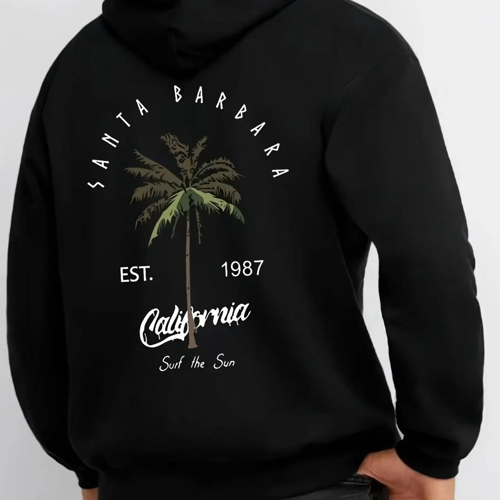 Cali‑breeze Men Hoodie Back Retro Palm‑tree Vintage Year‑mark Beach‑text Decor Pullover For Cozy Weekend Outdoor Activities