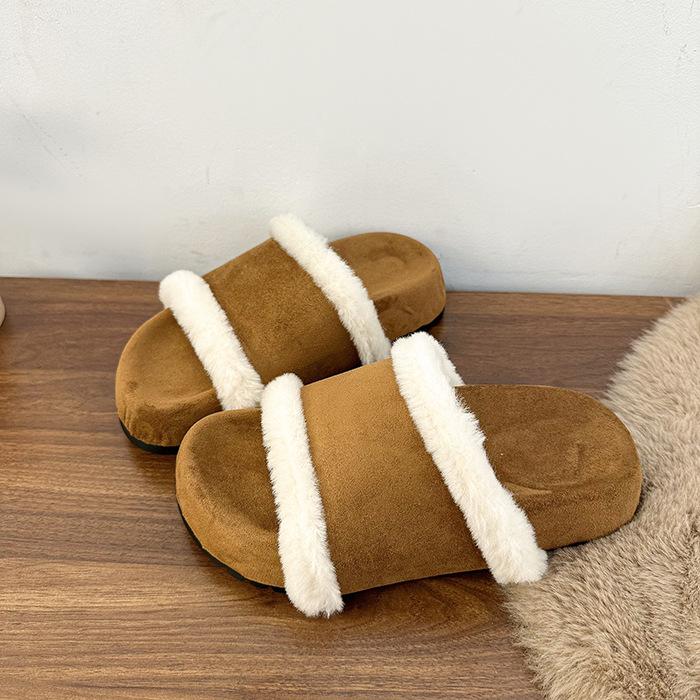 High version 2025 autumn and winter sheepskin integrated cork bottom thick bottom one word open toe fashion casual warm fluffy slippers