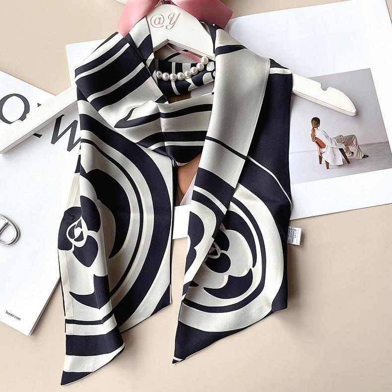 [Camellia Things] Classic Simple Style Black And White Color Satin Silk Scarf Ribbon Long Towel Multifunctional Ribbon