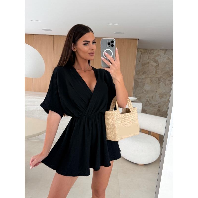 Summer Fashion Cross V Neck Loose Women Jumpsuits Casual Solid Color Short Sleeve Elegant Simple Party Playsuits Office Streetwear Women's Clothing