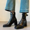 SIXWOO Mute Bottom Square Head High Heel Short Boots Women's Light Luxury Thick Heel Skinny Boots Soft Face Versatile Skinny Boots