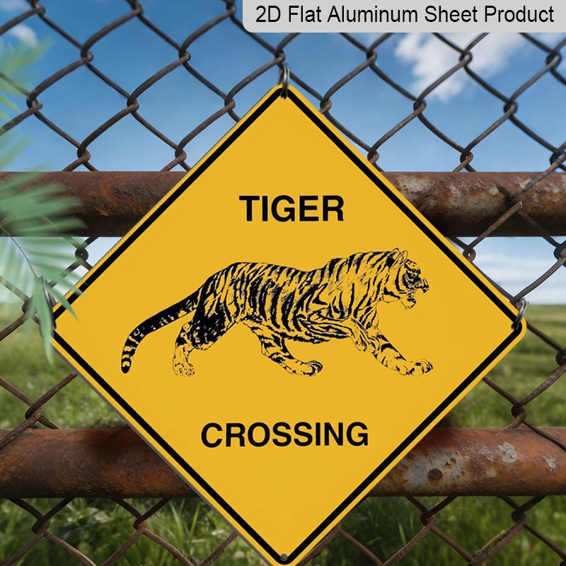 2D Flat 1pc, Funny Tiger Crossing Sign - Heavy-Duty Iron Metal Plaque with Tiger Graphic - Yellow & Warning Decoration for Home, Office, Garage, Farm
