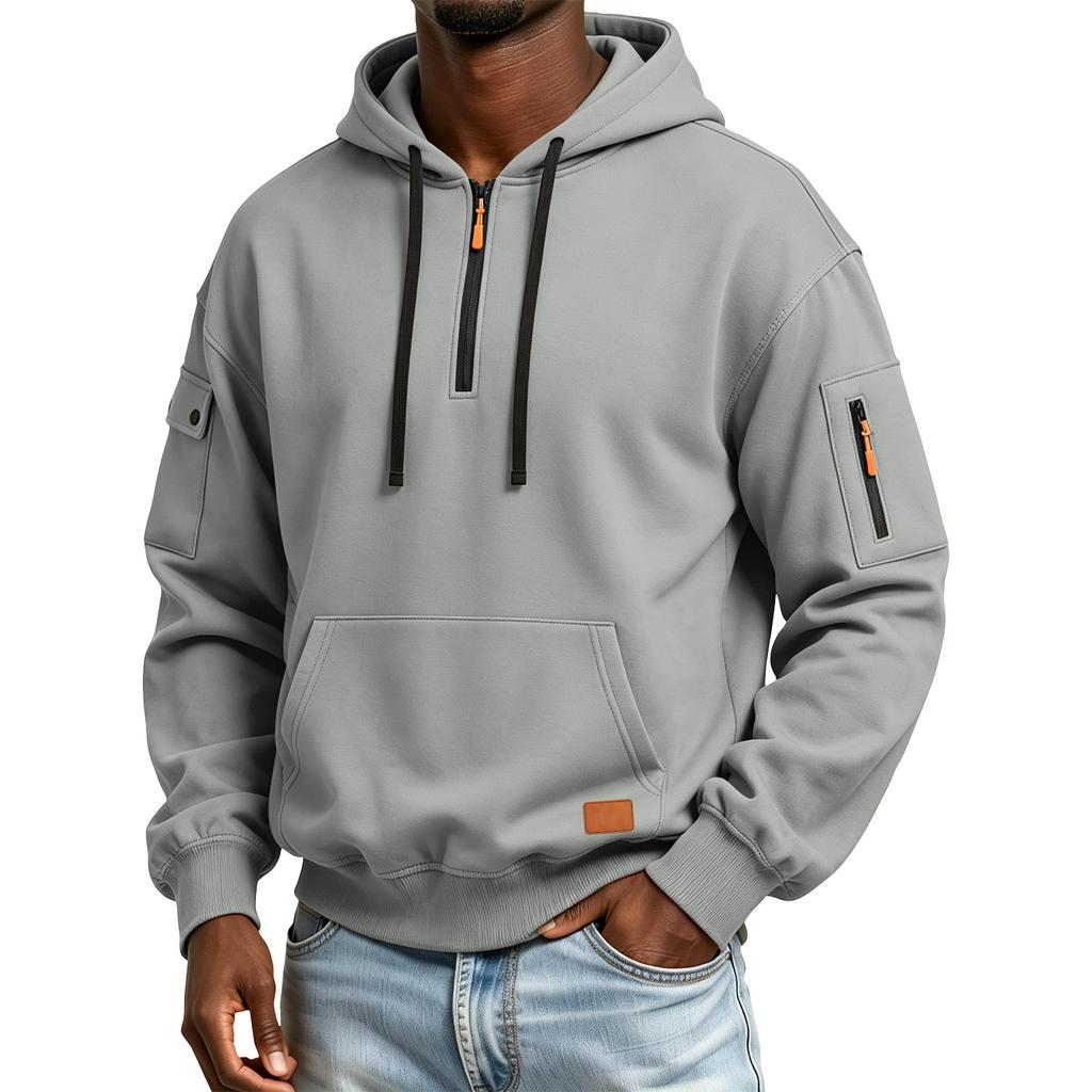 Men's Color Hooded Sweatshirt with Leather Patch and Pockets, Comfortable Casual Everyday Pullover
