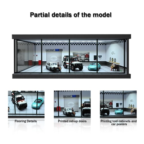 NUEIOVRW Diorama 1/43 Scale Garage Model with LED Lighting, Dust Door, Car Showroom Model, Urban Parking Lot, 1/43 Diecast Model, Car Storage Scene Di