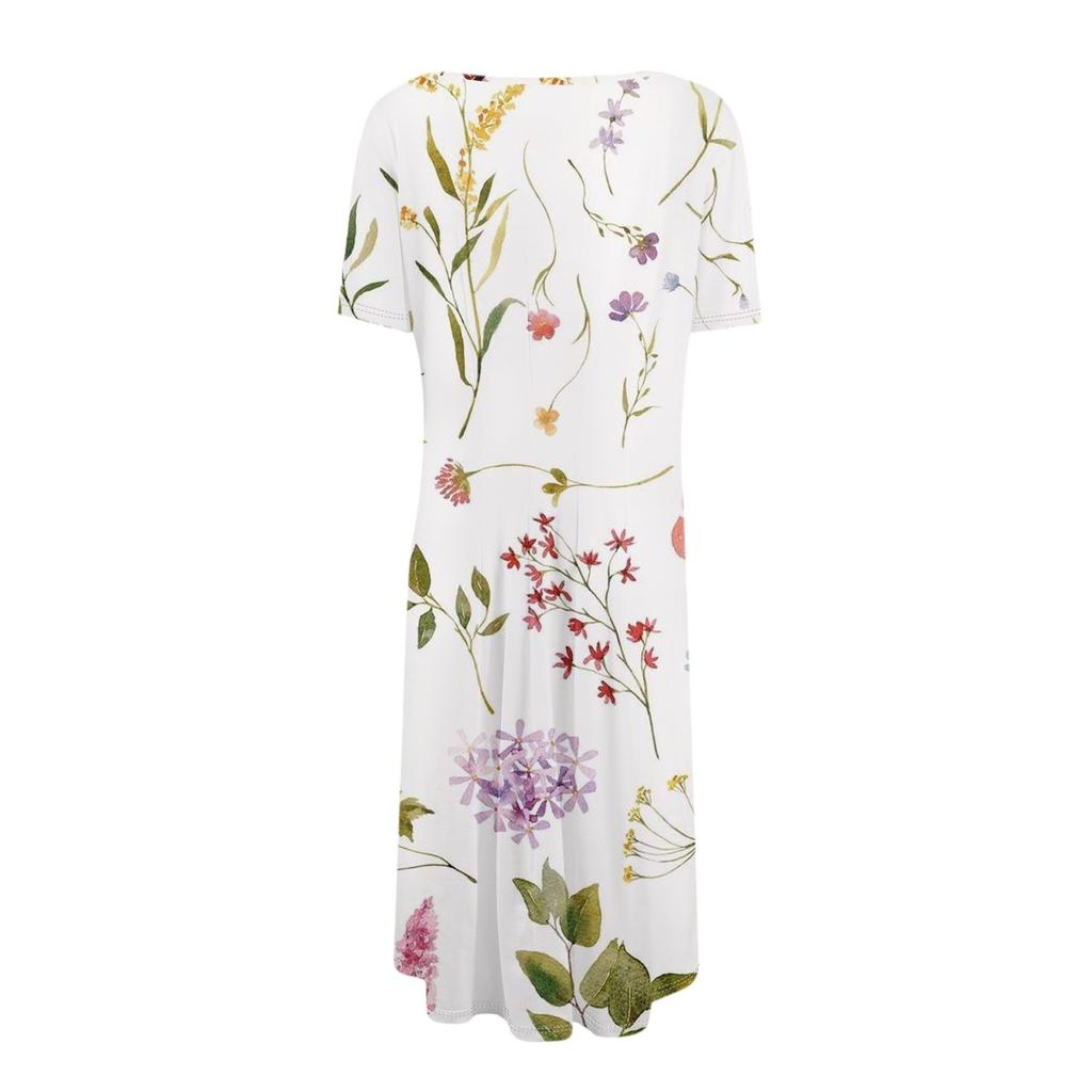 Women's Casual Fashion Round Neck Short Sleeve Floral Print Midi Dress