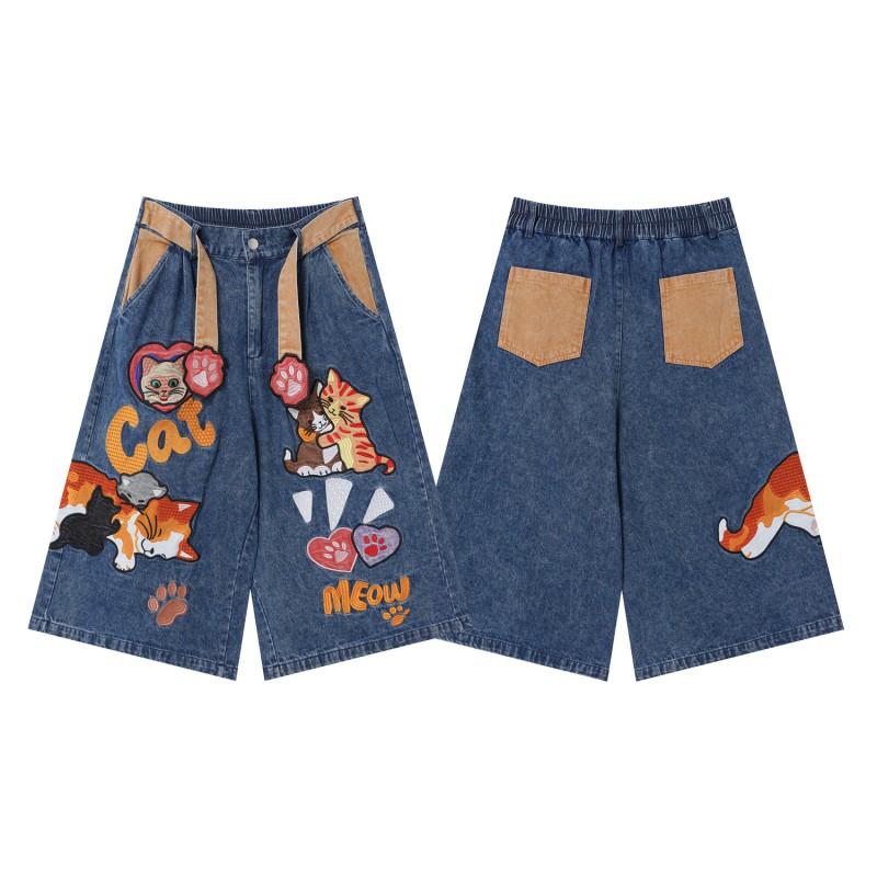 Vintage American Style Cartoon Cat Embroidered Denim Shorts Loose Fit Mid-Length Men Women