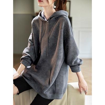 Design Heavy-duty Costura Quente-perfurada Capuz Moda Top Solto de Manga Comprida para Mulheres