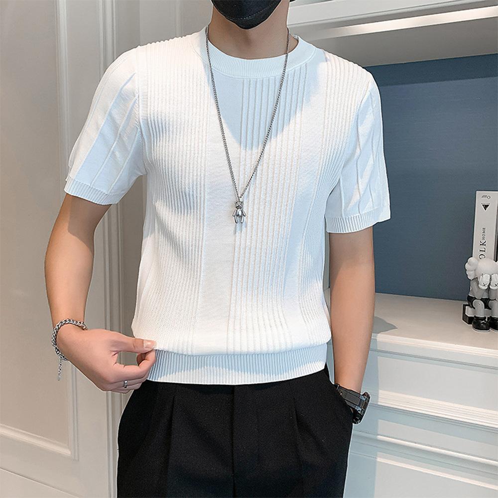 T-shirt estiva a righe da uomo, vestibilità slim, casual, a maniche corte, stile Harajuku, scollo rotondo, abbigliamento da uomo