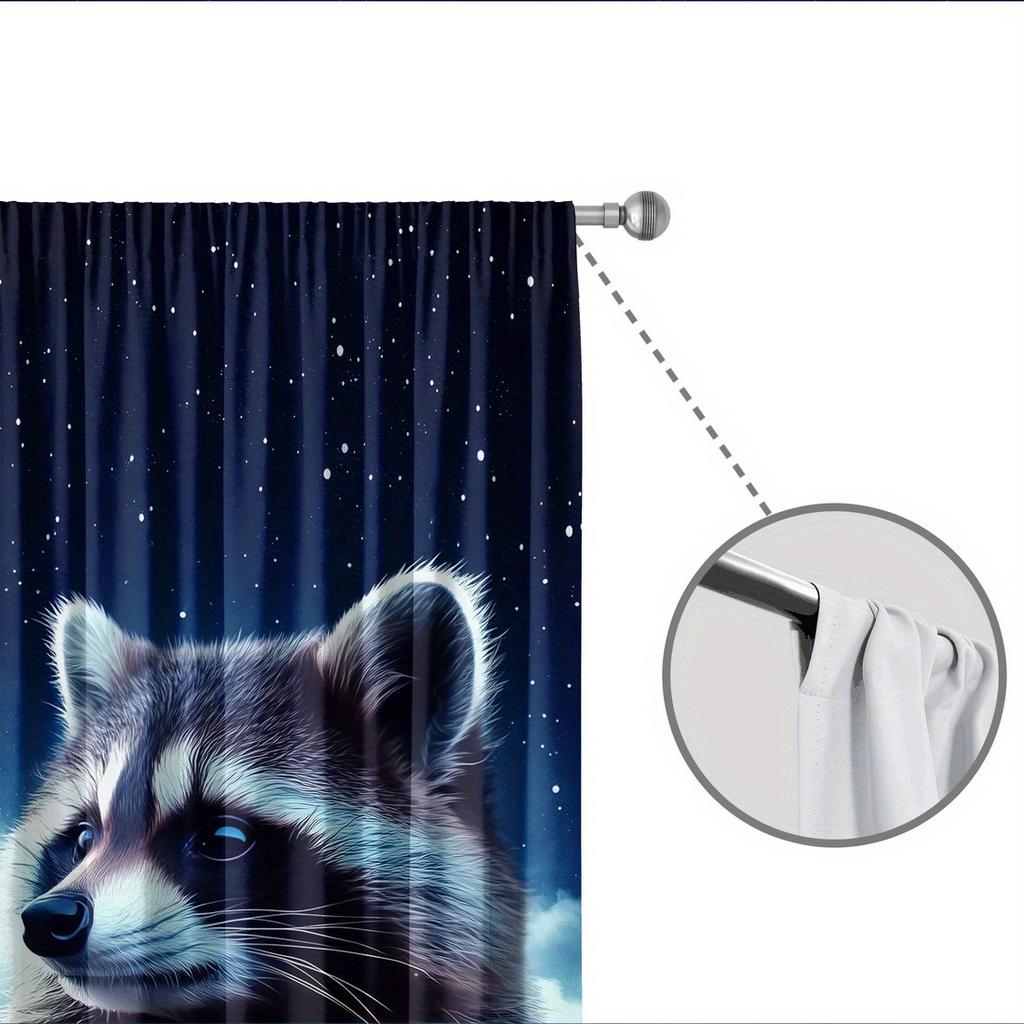 2pc Cute raccoon print curtains, polyester fabric, machine washable, suitable for bedroom and living room decoration