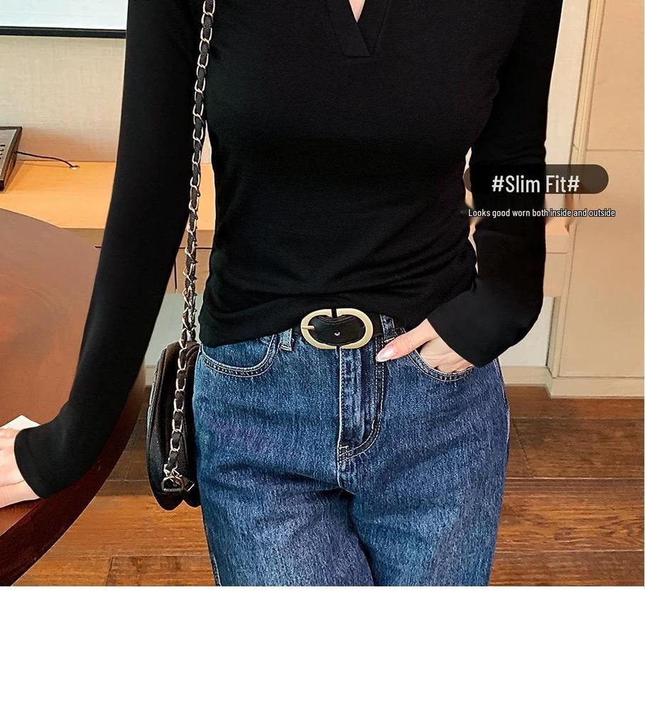 Womens Plus Size V-Neck Long Sleeve Cotton T-Shirt: Slim Fit Base Layer for Spring & Autumn