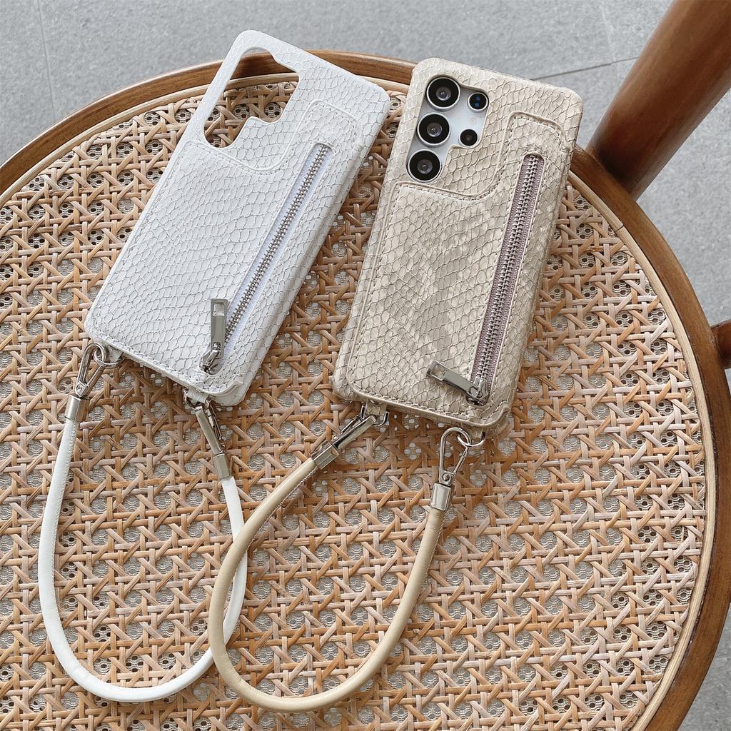 For Samsung Galaxy S24 Ultra Case Zipper Card Holder Mirror Snake Texture PU + PC Back Cover with Lanyard