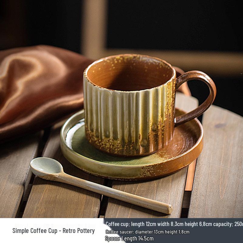 Handmade Retro Ceramic Coffee Cup and Saucer Set - Creative, Simple Design