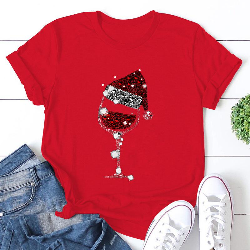 New Christmas Red Wine Glass Print Cozy T Shirt Women's Casual Round Neck Short Sleeved T-Shirt