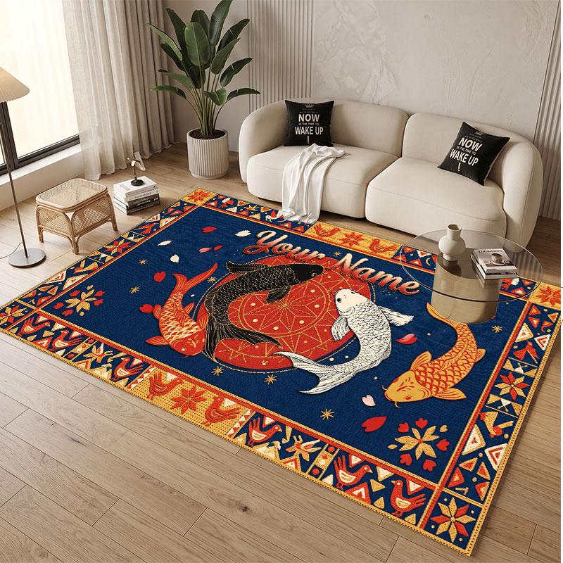Koi Fish Theme Soft Crystal Velvet Rug Custom Name & Text Print Non Slip Floor Rug for Bedroom Living Room