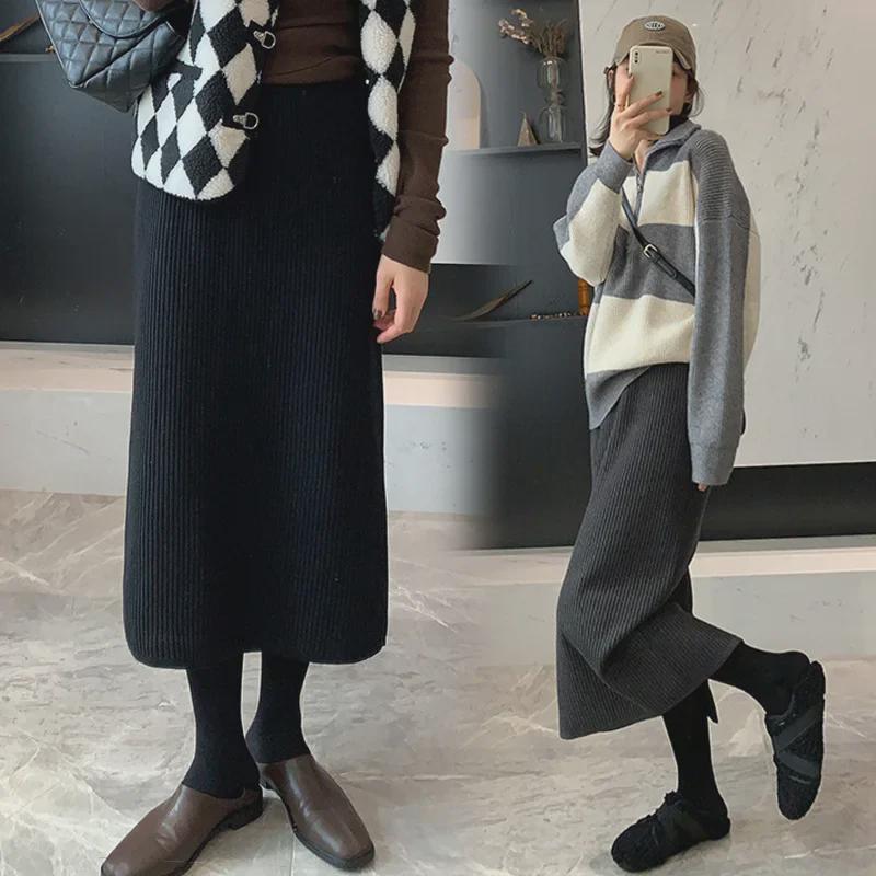"Maternity Knit Wool Skirt - Autumn/Winter Trend, Mid-Length with Back Slit"