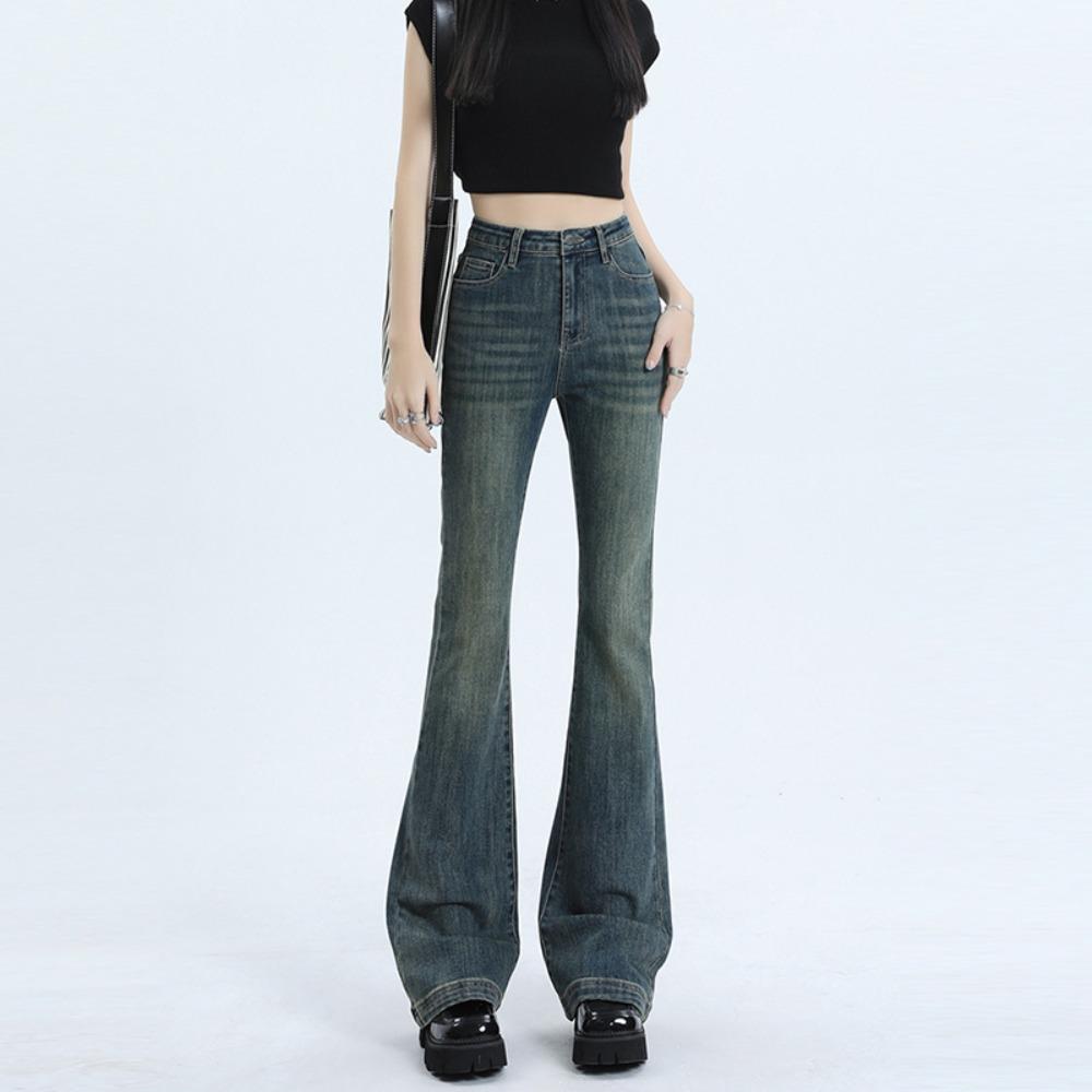 Personalized micro-pull jeans women's spring and autumn new high-waisted horseshoe pants versatile American retro horn jeans
