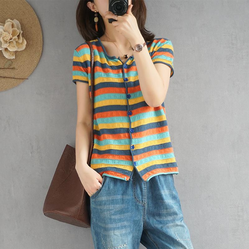 Rainbow Striped Knitted Cardigan Short Sleeve Women Summer New Pure Cotton Round Neck Stylish Exterior Comfortable Comfortable Top