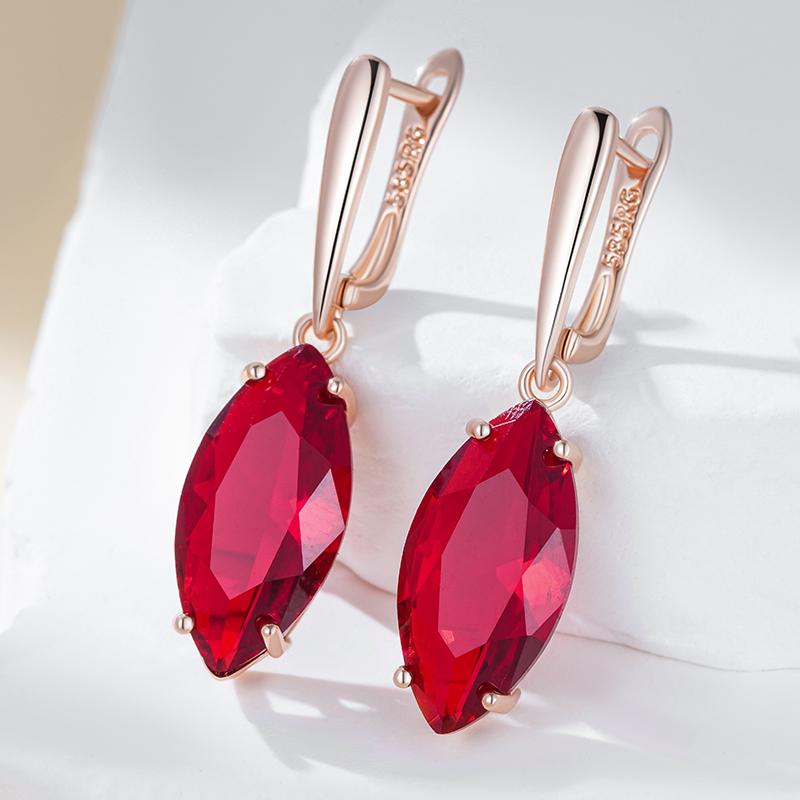 Shiny Rhombus Red Natural Zircon Long Dangle Earrings For Women  Rose Gold Color High Quality Daily Fine Jewelry
