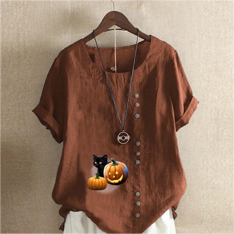 Women's Fashion Round Neck Short Sleeve T-shirt Casual Cotton Linen Graphic Shirt Leisure Pumpkin Prined Summer Blouse Tops