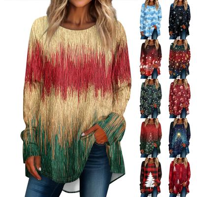 Women's Fashion Casual Round Neck Christmas Printed Shoulder Long Sleeved Pullover T-shirt Top
