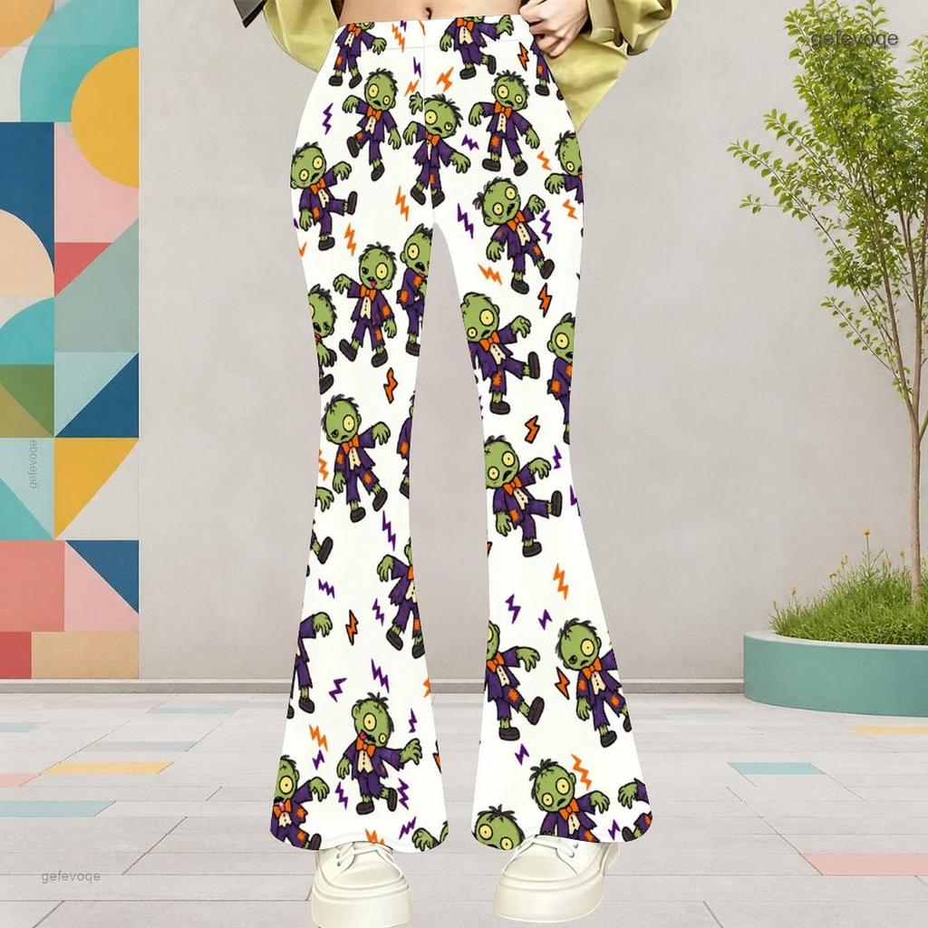 Girls Cartoon Potted Carnivorous Plant Print White High Waist Flare Pants
