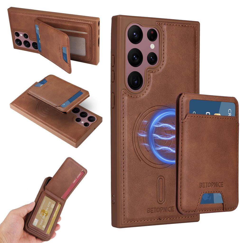 For Samsung Galaxy S22 Ultra 5G Magnetic Case BETOPNICE RFID Blocking Leather Phone Back Cover with Detachable Card Bag