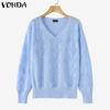 VONDA Women Autumn V-neck Long Sleeve Solid Color Pullover Sweaters