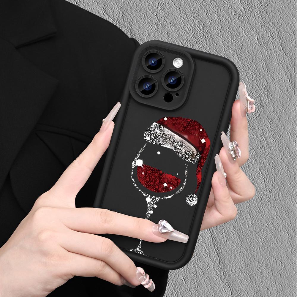 Christmas hat and wine glass printed phone case suitable for iPhone 17 16 15 14 13 12 11 Pro/Max/Plus anti drop and shockproof