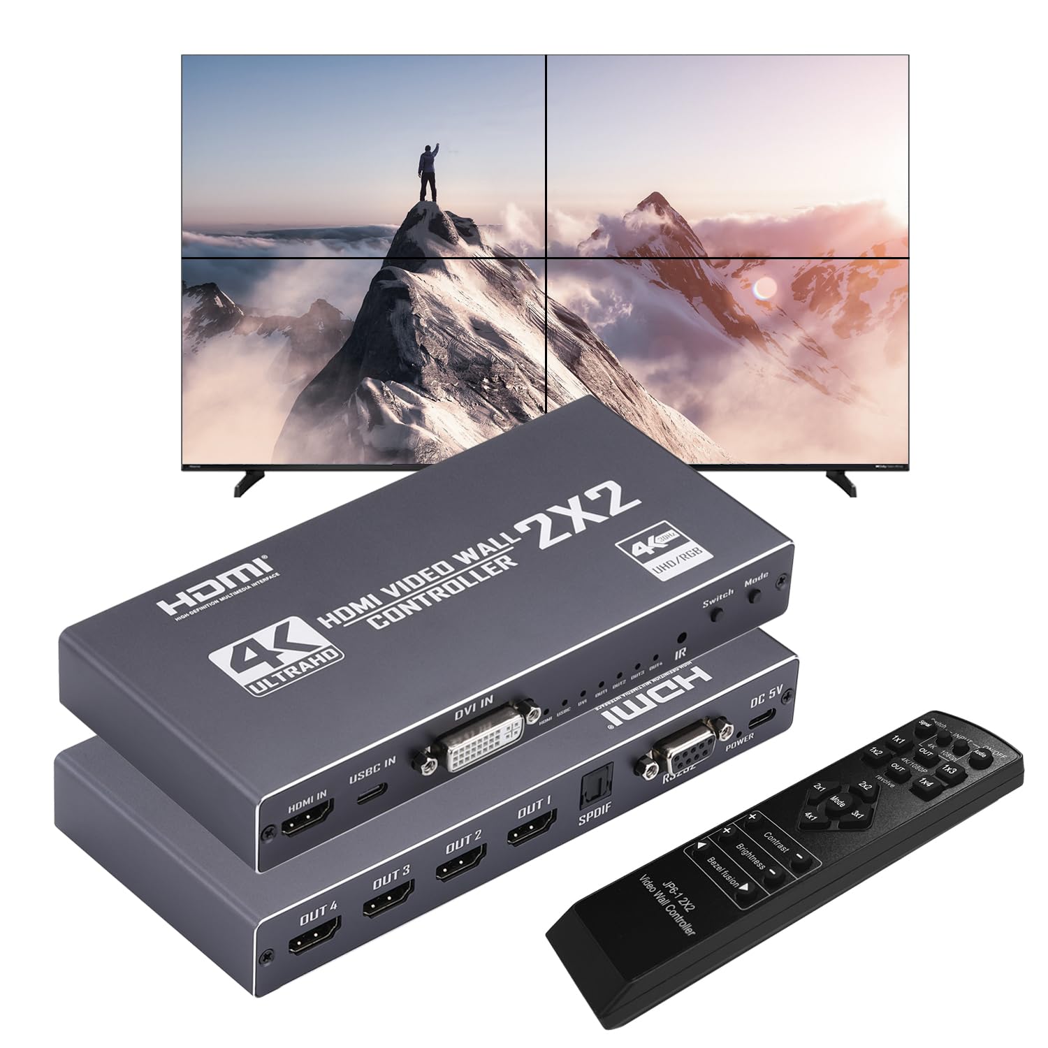 

2x2 HDMI Video Wall Controller 4K HD Display 1920x1080P 60Hz HDMI DVI RS232 Video Input with IR Remote Border Rotation 9 Display Modes 1x2 4x1