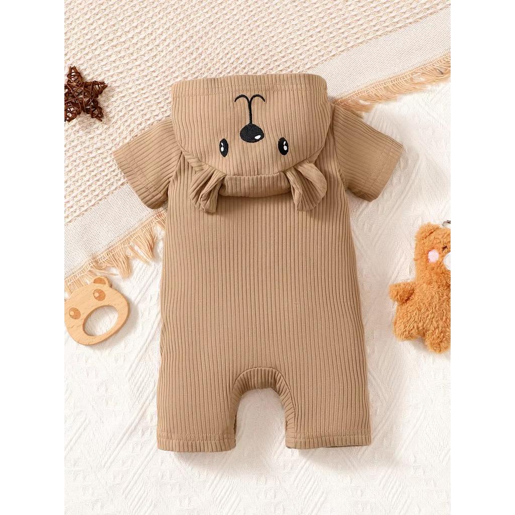 0-9 Monate Neugeborenes Baby Junge Mädchen Gerippt Braun Kurzarm Bär Print Mit Kapuze Strampler Mode Süßer Jumpsuit Foto Outfit