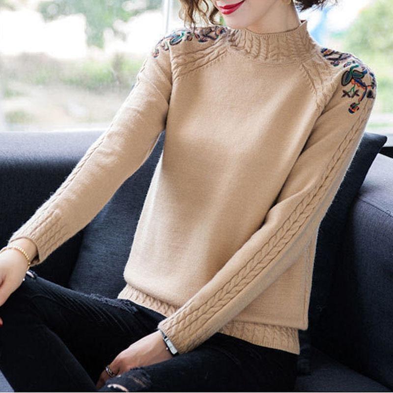 Bestickte Blumen Halber Stehkragen Pullover Damen Herbst Winter Dick Warm Gestrickter Pullover Slim Gerippt Weiche Oberteile