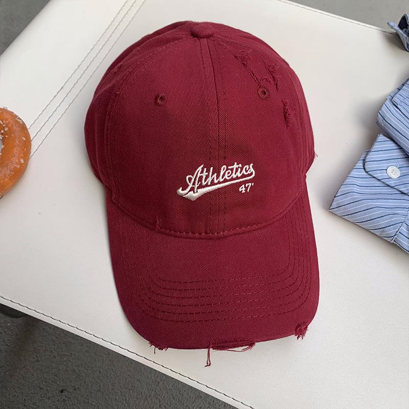 Ripped Japanese Versatile Letter Embroidered Baseball Cap Women'S Spring And Summer Soft Top Retro Cap Shows Small Face, Simple And Fashionable