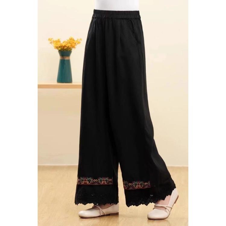 Damen Retro Bestickte Lässige Weitbein Hose Sommer Baumwoll- und Leinenhose Locker Gerade Bein Hose