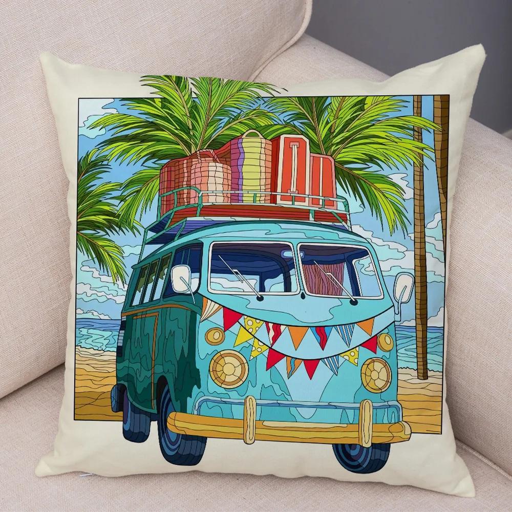 Both Sides Pillow Case Decor Happy Camper Cartoon House Travel Car Cushion Cover for Sofa Home Super Soft Plush Pillowcase