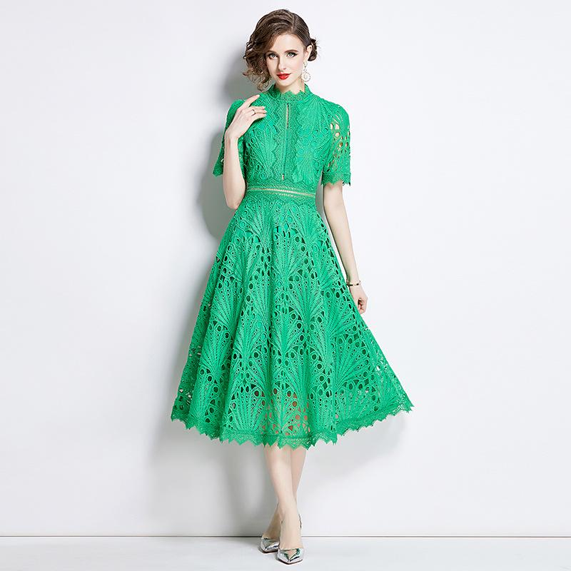 Abito estivo in pizzo traforato da donna, design ricamato da passerella, elegante vintage, manica corta