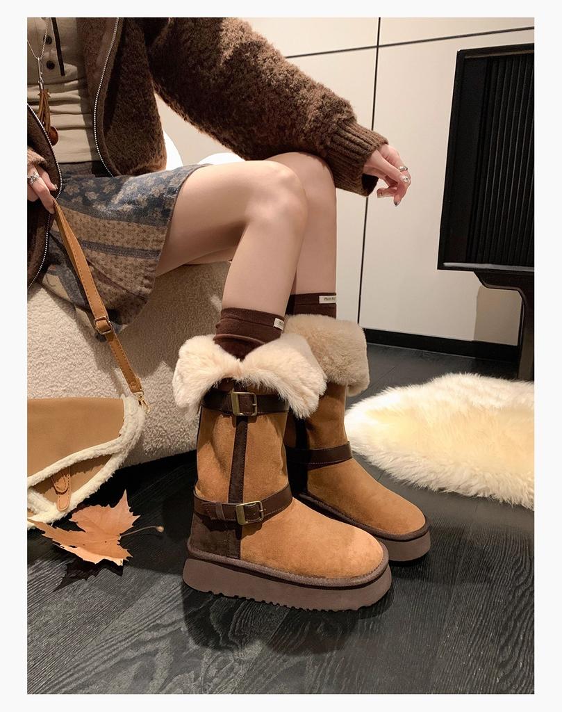Thick Bottom Plush Winter Boots Women's Fleece Lined Long Tube Shoes Fashionable Buckle Warm Cotton Snow Boots Casual Style