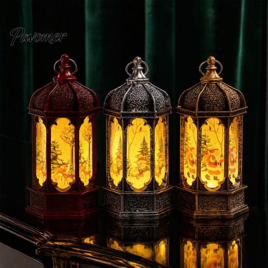 Decorative Holiday Desk Lamp Hexagon Christmas Lantern, LED Vintage Glowing Tabletop with Painted Night Light Scene, Flameless Candle for Bedroom And