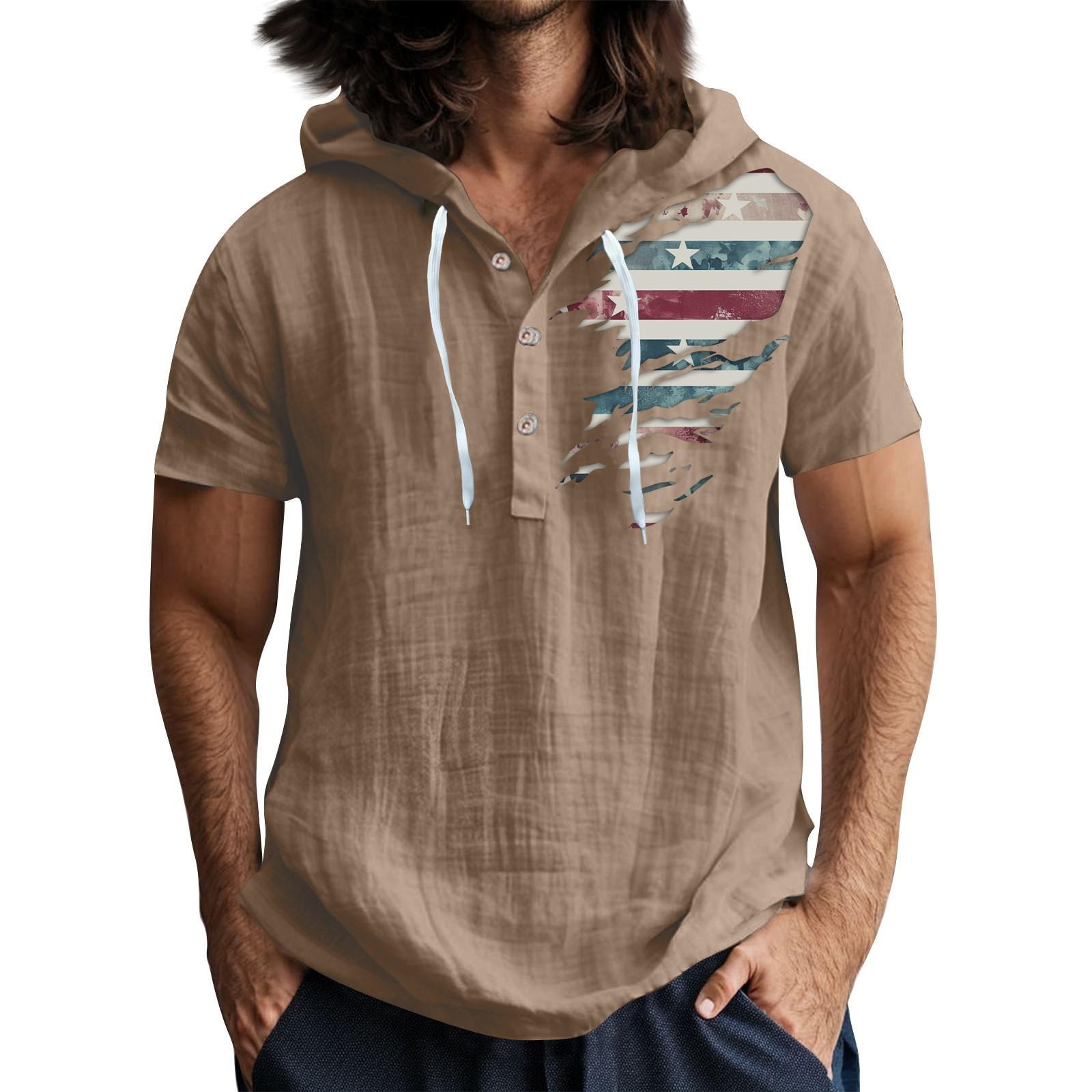 

Чоловіча повсякденна футболка з короткими рукавами та капюшоном, застібнута на ґудзики, з відкритим коміром L