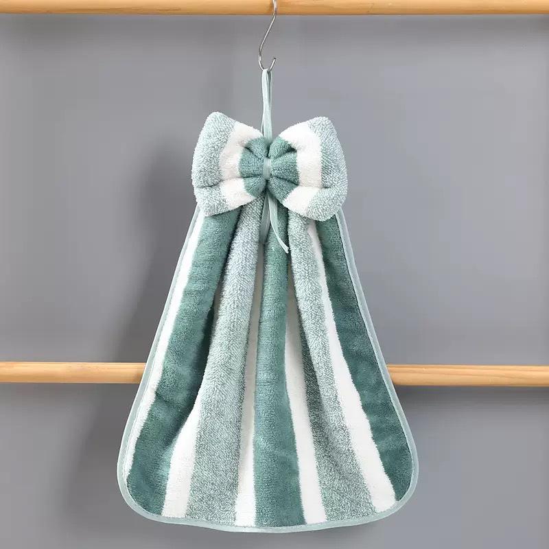 Super Absorbent Coral Fleece Hanging Hand Towel with Bow Knot - Soft Cleaning Cloth