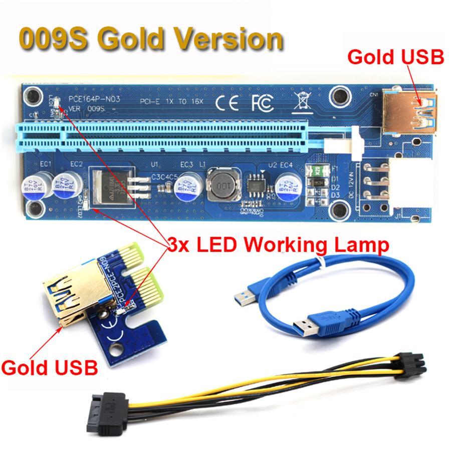 10 Sets USB 3.0 PCI-E Express 1x To 16x Extender Riser Card Adapter Power 24pin ATX Sata Power Cable and 60cm Gold USB 3.0 Quality Cable