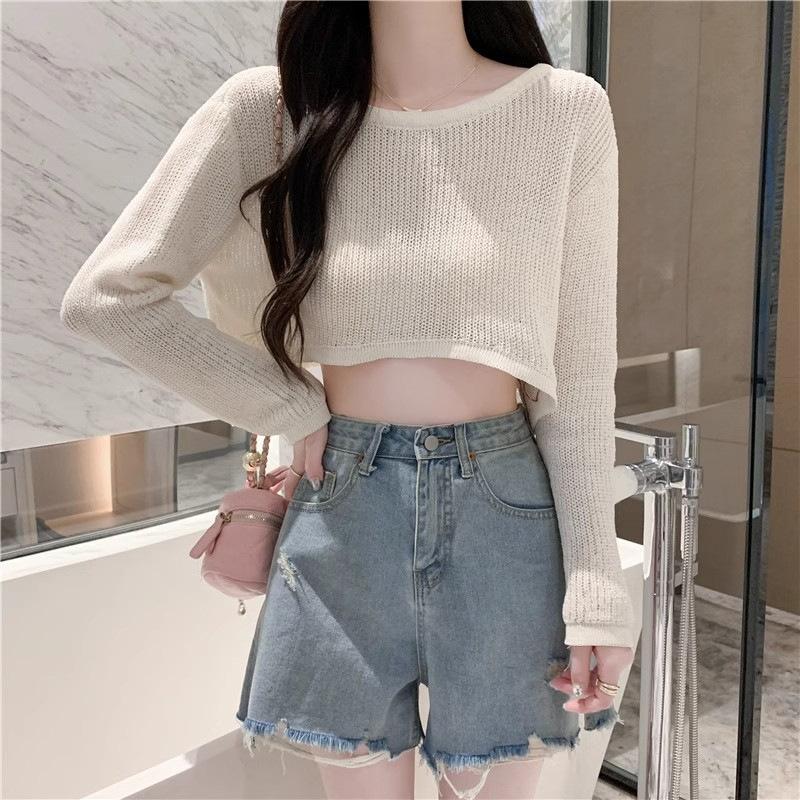 Summer thin new INS hollow ice silk long sleeved knitted sweater for womenShort exterior pullover sunscreen cover shirttops