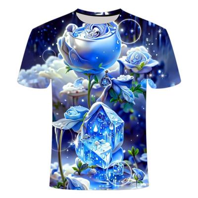 Frühling Sommer 2024 Neu Blau Rose Landschaft 3D-Druck Kurzarm Trendig Lässig Nische Herren und Damen T-Shirts
