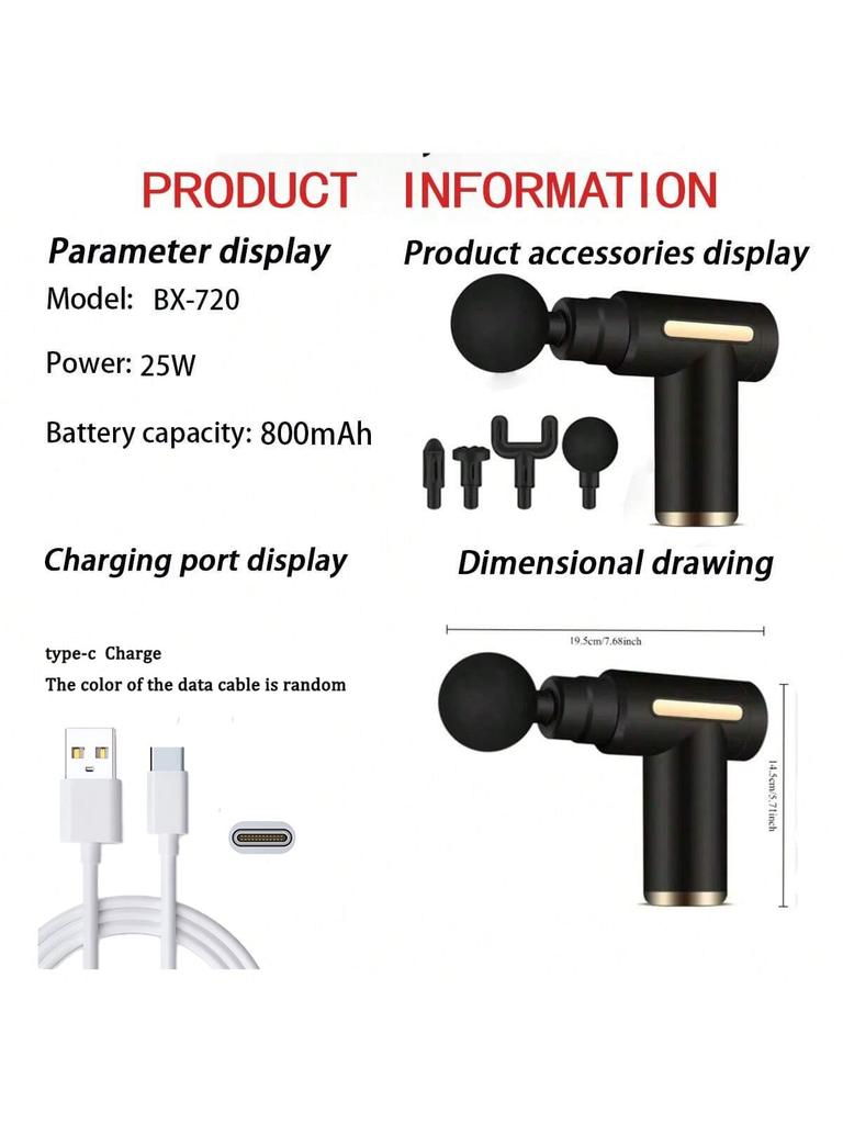 Pistol de Masaj pentru Țesut Profund cu 4 Capete pentru Alinarea Corpului Întreg, Instrument Ultimativ de Recuperare Musculară, Plastic de Calitate Familială, Încărcare USB