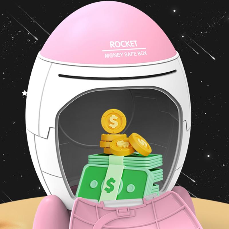 Roztomilá dětská pokladnička s kreslenou nálepkou Víceúčelová pokladnička ve tvaru vesmírné rakety Plastová pokladnička Dětský dárek Hračka