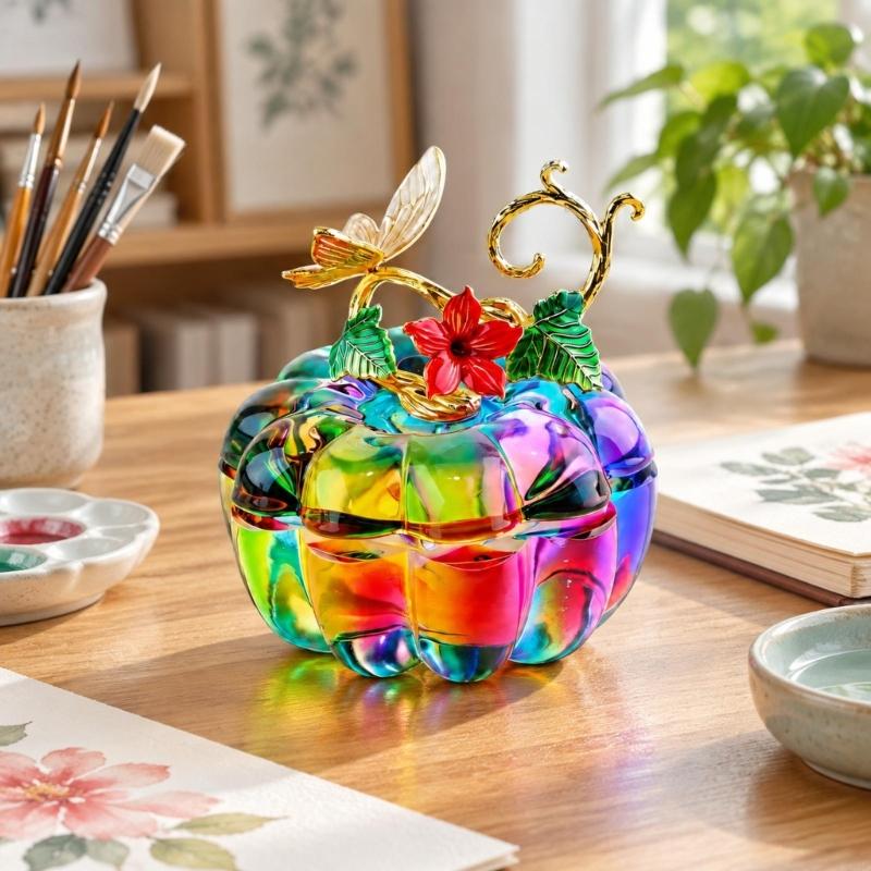 Translucent Glass Pumpkin Container with Removable Lid for Covered Small-Item Storage and Decorative Tabletop Display