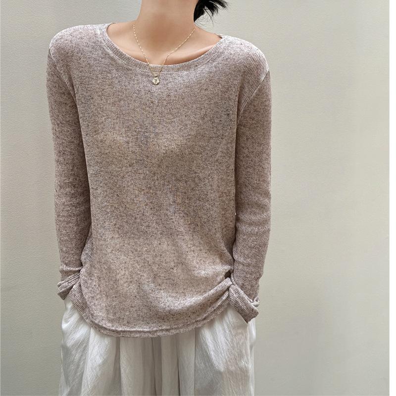 Summer Thin Long Sleeve T Shirts for Women Round Neck Loose Knitted T-Shirt Solid Color Casual Tee Tops