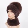 Women Winter Real Fur Hat Scarf 2 Pieces Knitted Rex Rabbit Fur Hat Top Natural Fox Fur Cap Scarves Sets Lady Warm Real Fur Caps