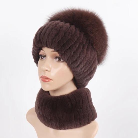 Women Winter Real Fur Hat Scarf 2 Pieces Knitted Rex Rabbit Fur Hat Top Natural Fox Fur Cap Scarves Sets Lady Warm Real Fur Caps